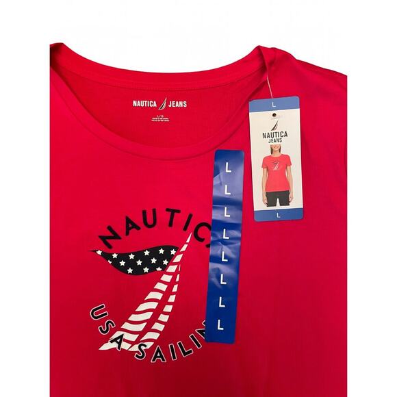 Nautica Jeans Logo Sailboat T-Shirt Red Size Large New with Tags 0506G - Picture 2 of 6